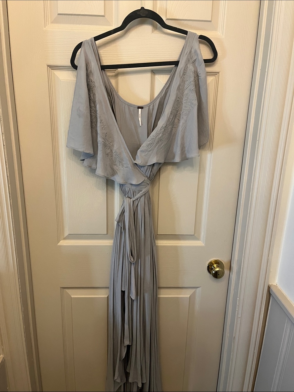 Free People Pale Gray Cold-Shoulder Maxi Dress with Ruffle Detail